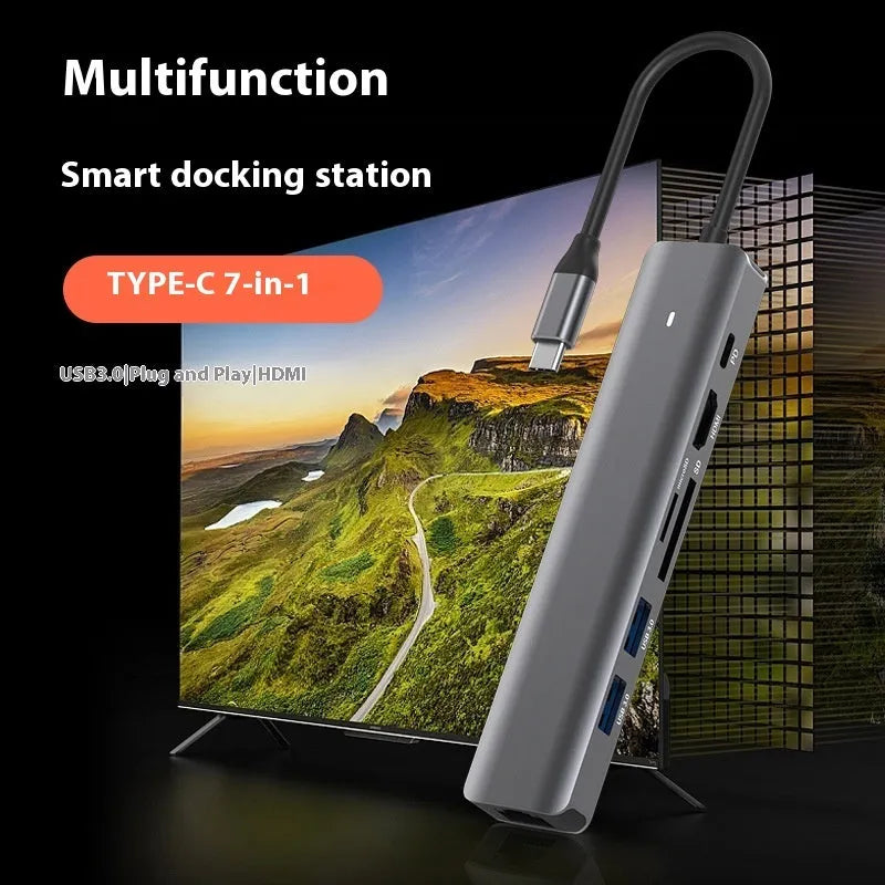 7-in-1 card reader and USB hub for laptops with multiple interface ports