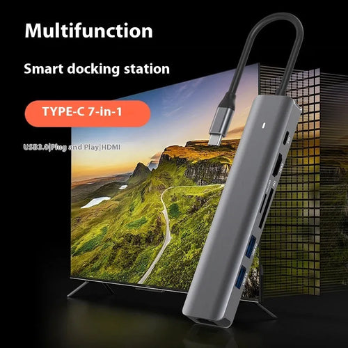 7-in-1 card reader and USB hub for laptops with multiple interface ports
