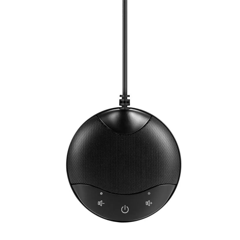 Black USB condenser microphone for conferences and gaming, dimensions 9x9x1.7cm