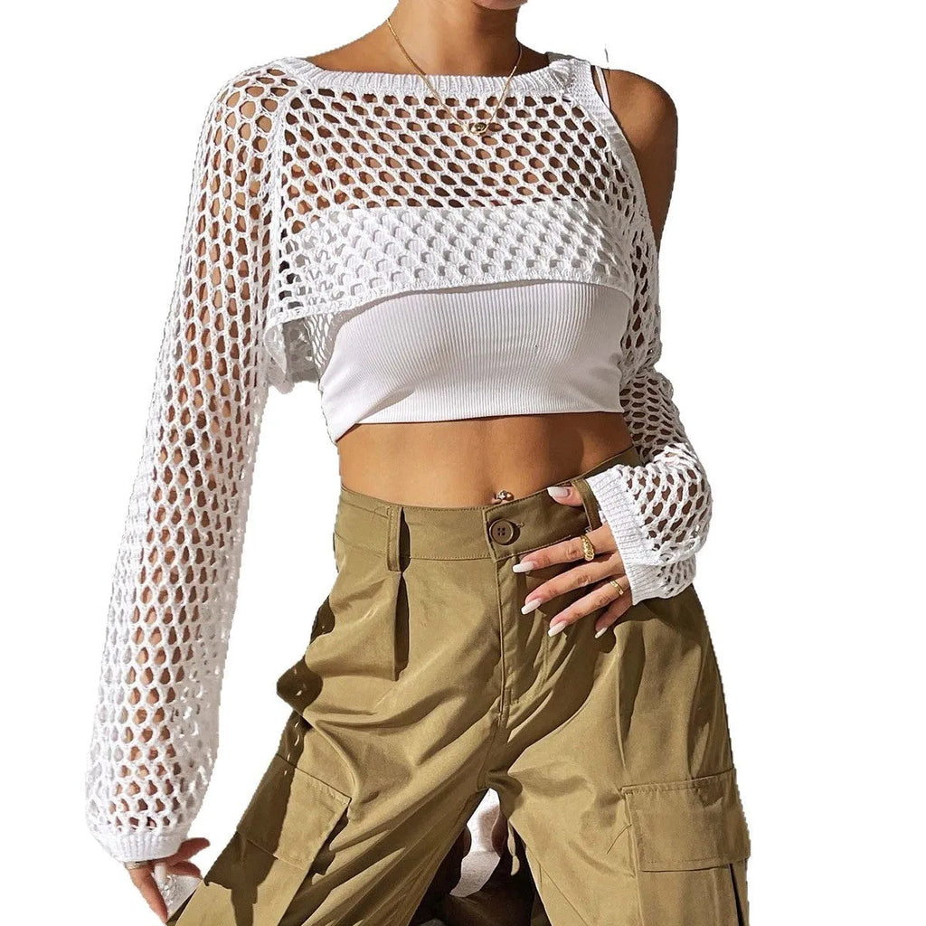 Mesh shirt with a hollowed navel design in a choice of colours including army green, black, and white.