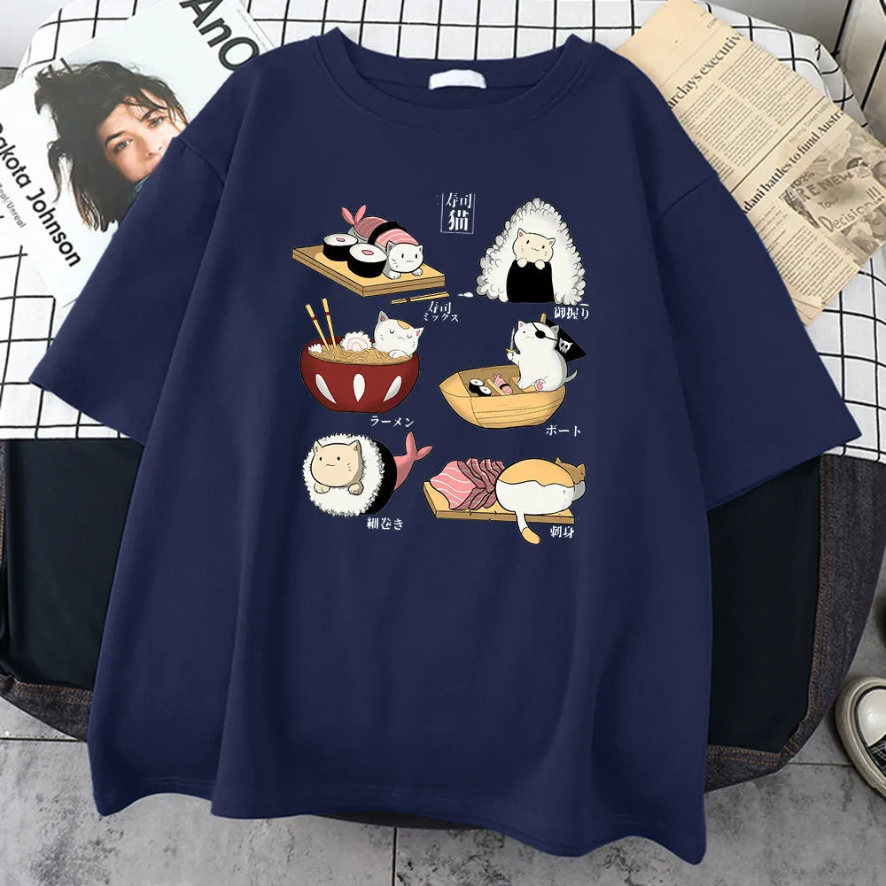 Men's loose fit cotton T-shirt with cat sushi cartoon print in multiple colour options
