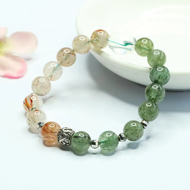 Natural green quartz rutilated black gold Super Seven bracelet approximately 8.5mm beads Chinese style stone accessory