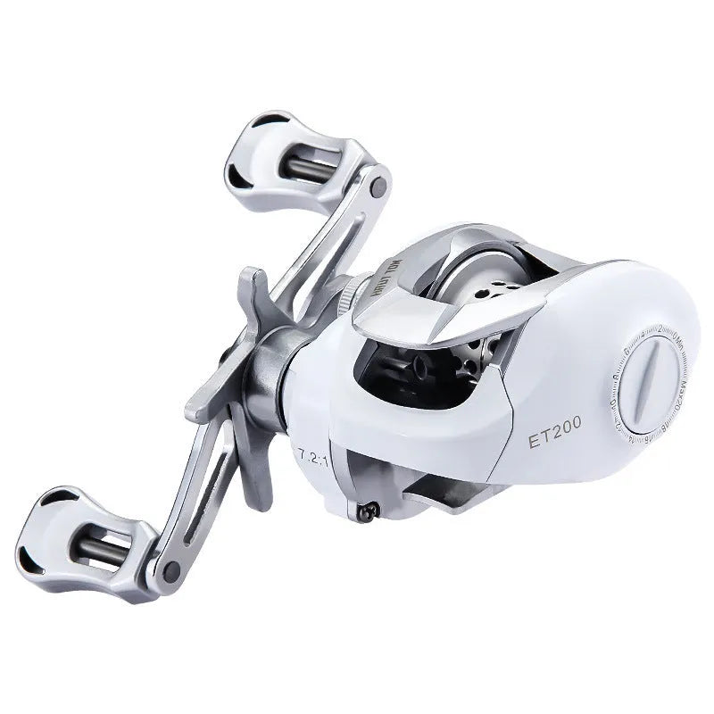Small white drip wheel baitcasting fishing reel for micro lures with left or right hand retrieve options
