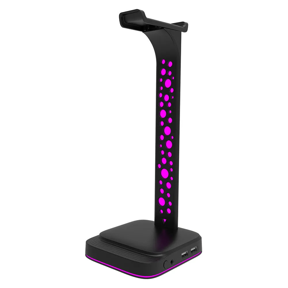 RGB headset display rack with dual USB charging ports and colour-changing acrylic side panels