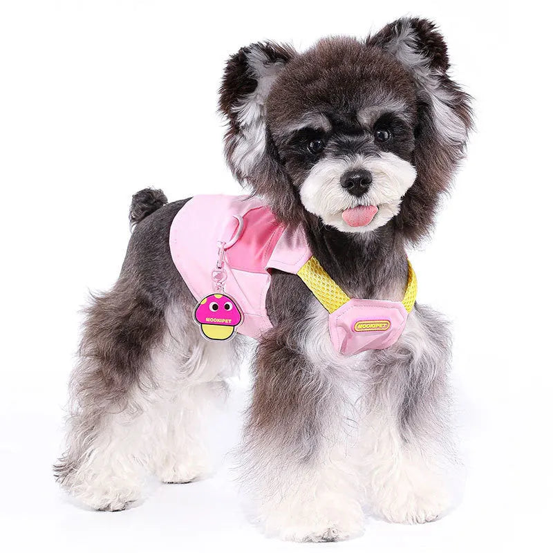 Pink polyester dog harness vest for small breeds like Bichon Frisé on a white background