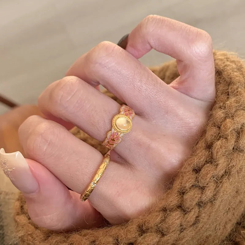 Pink crystal enamel open ring for women with geometric shape on copper gold plating