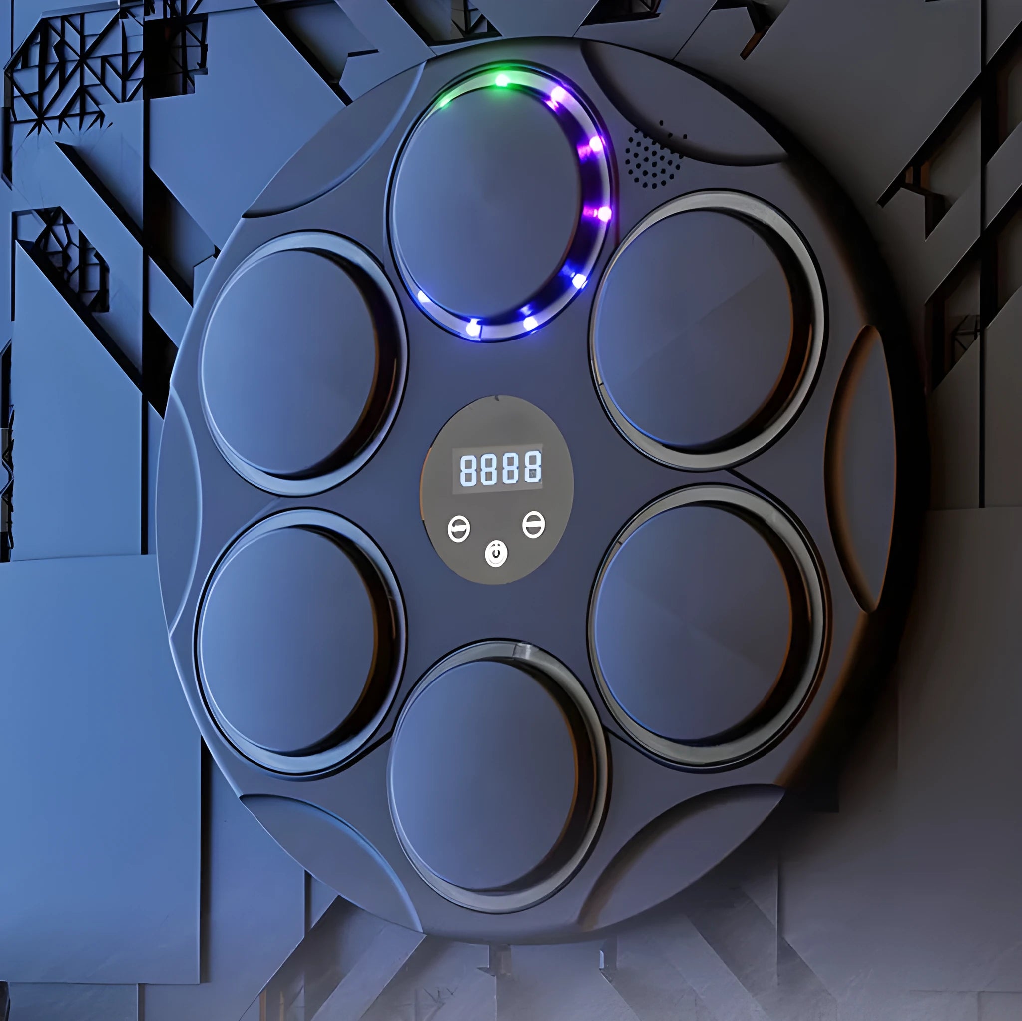 Black wall-mounted smart boxing target with coloured lights and Bluetooth for music fitness training.