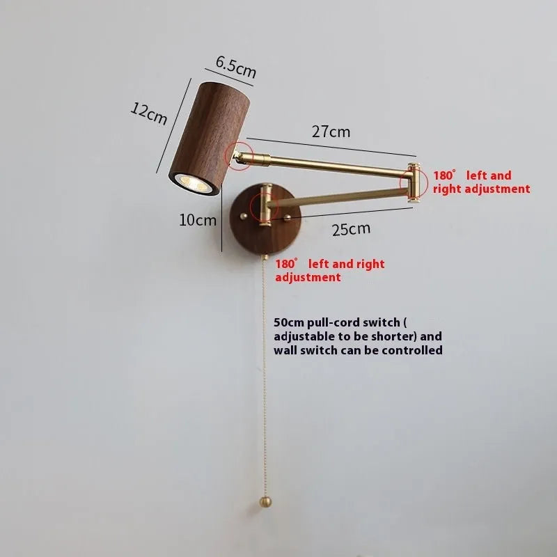 Retro rotating wall lamp with long arm and integrated switch in walnut or wood colour finish