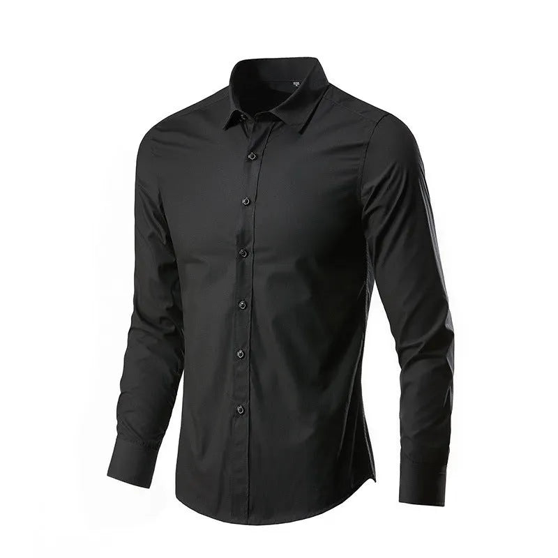 Man wearing a loose-fit linen long sleeve shirt in a neutral colour, showing the slim profile and button front.