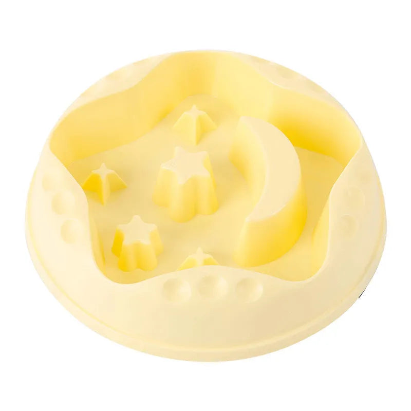 Moon star wings pattern dog slow feeder bowl with non-slip silicone base in blue, grey, green, pink or yellow
