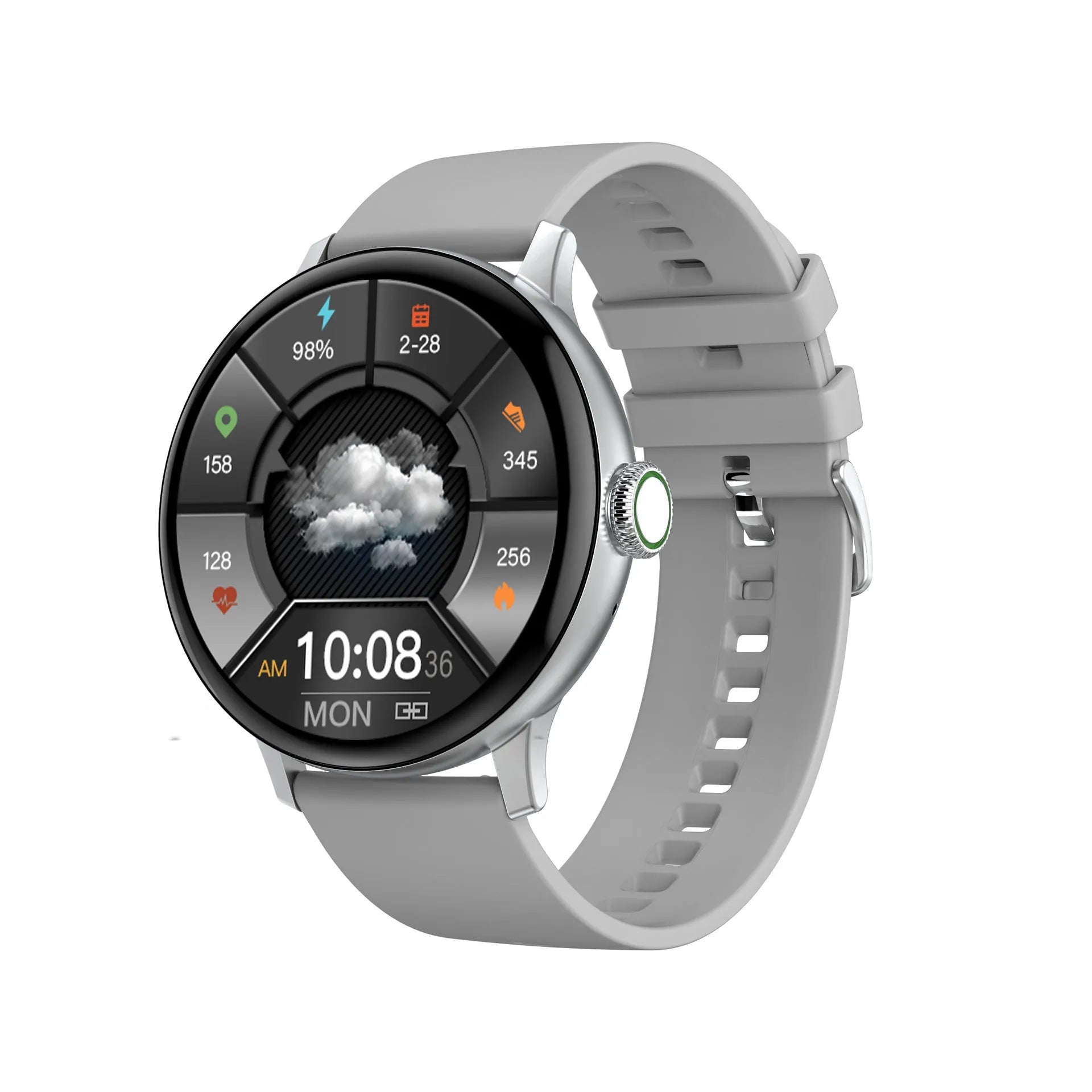 Bluetooth smart bracelet with round screen on a black metal bracelet strap, showing heart rate data.