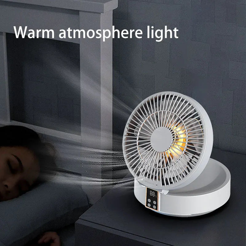 White portable electric fan with remote control showing folded design and night light function