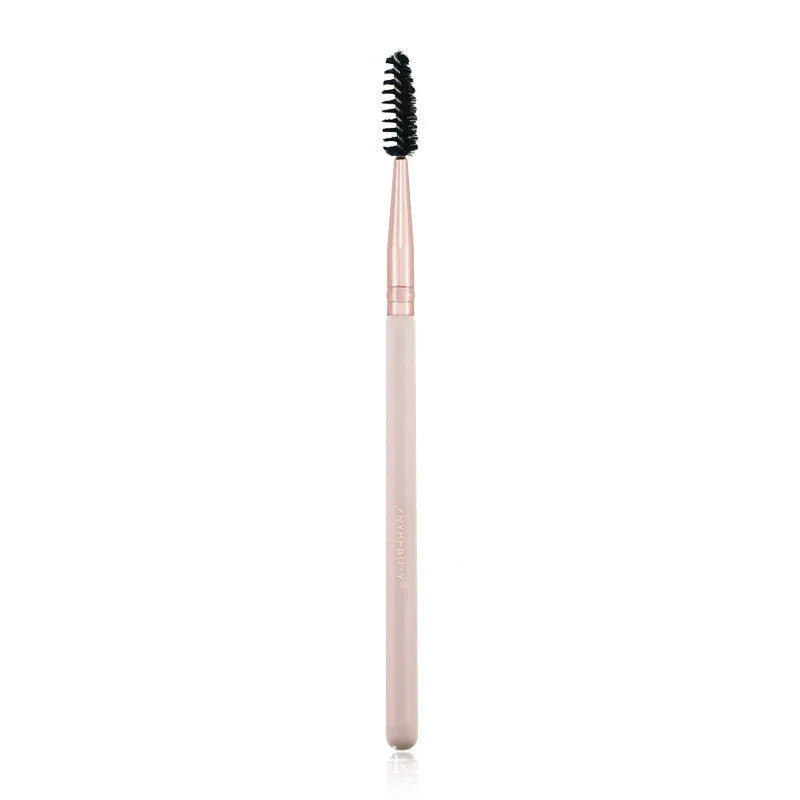 26-piece pink makeup brush set with wooden handles in protective roll case