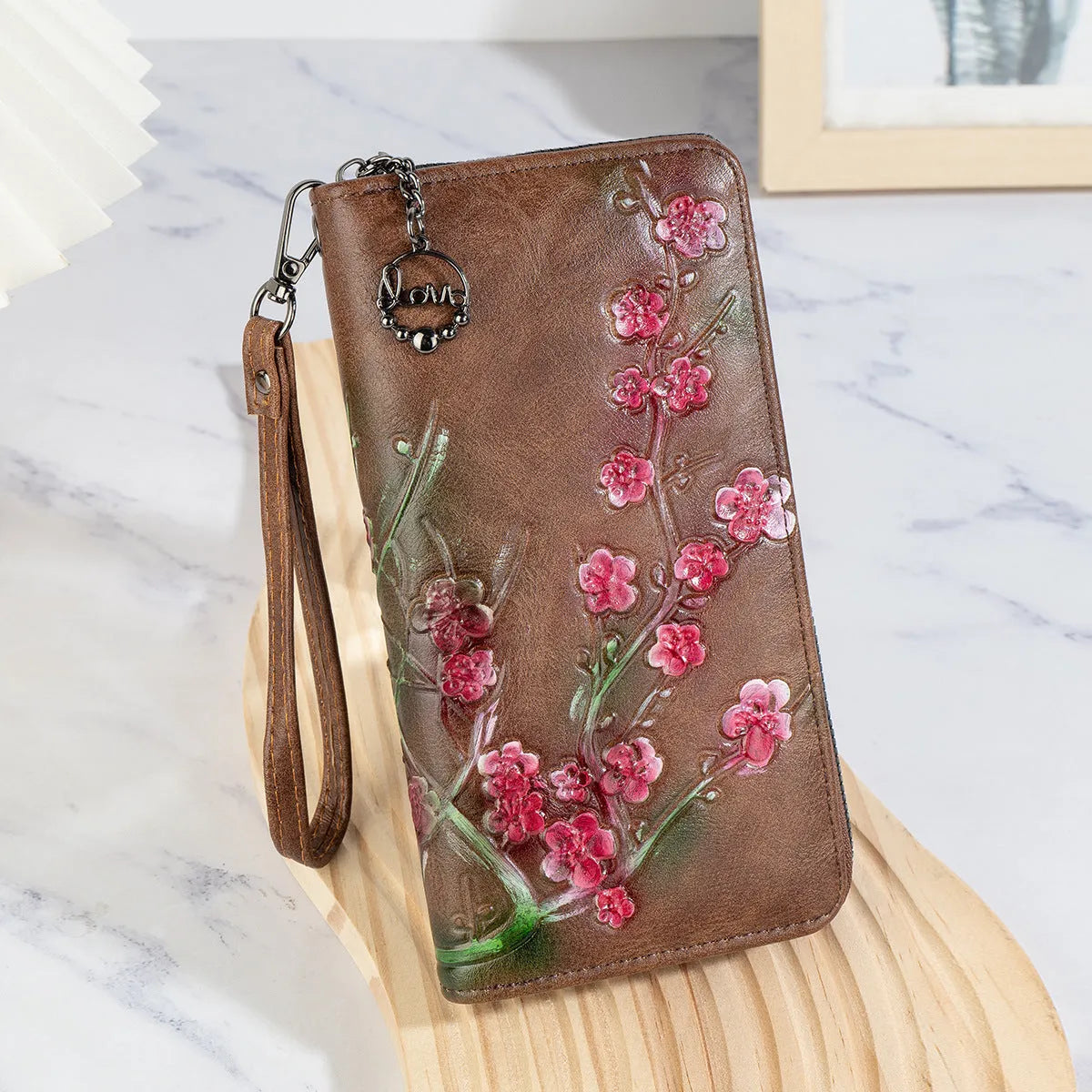 Embossed floral pattern Chinese style zipper handbag in PU leather