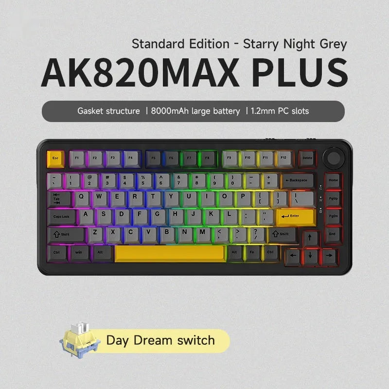 Black grey yellow compact mechanical keyboard with wireless connectivity and hot-swappable switches