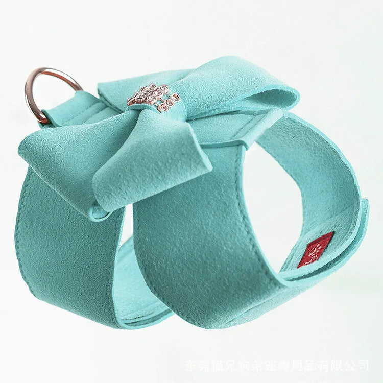 Dog chest strap with bowknot detail in microfiber available in pink, blue, and orange colours