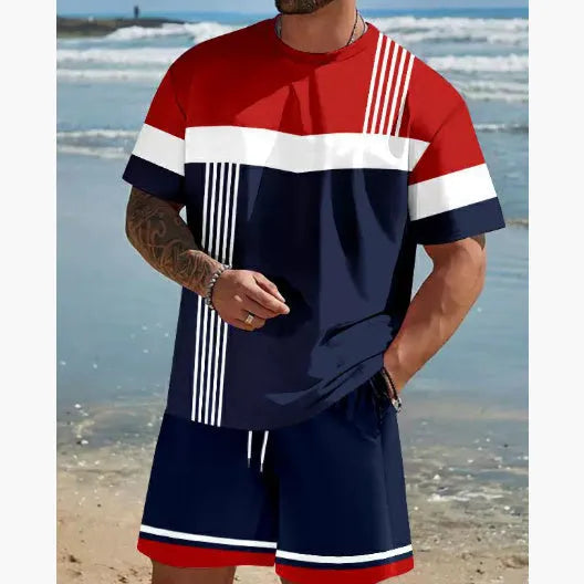 Men's loose-fit short-sleeved t-shirt and matching shorts set in summer leisurewear