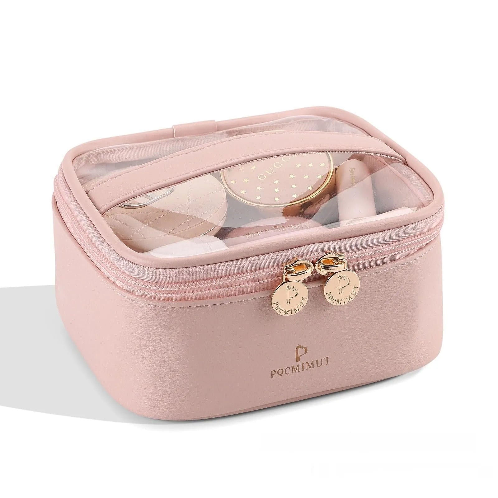 Transparent PVC leather cosmetic bag showing interior organisation and dry wet separation compartments.