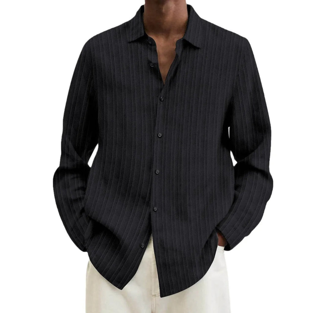 Men's striped cardigan shirt with long sleeves in loose fit British style for summer wear