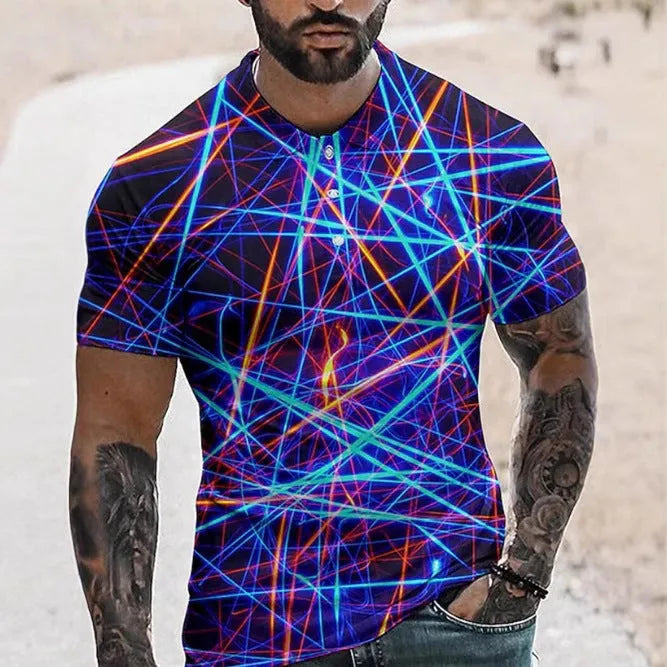 Men's blue polyester short sleeve sports shirt with a button lapel, laid flat.
