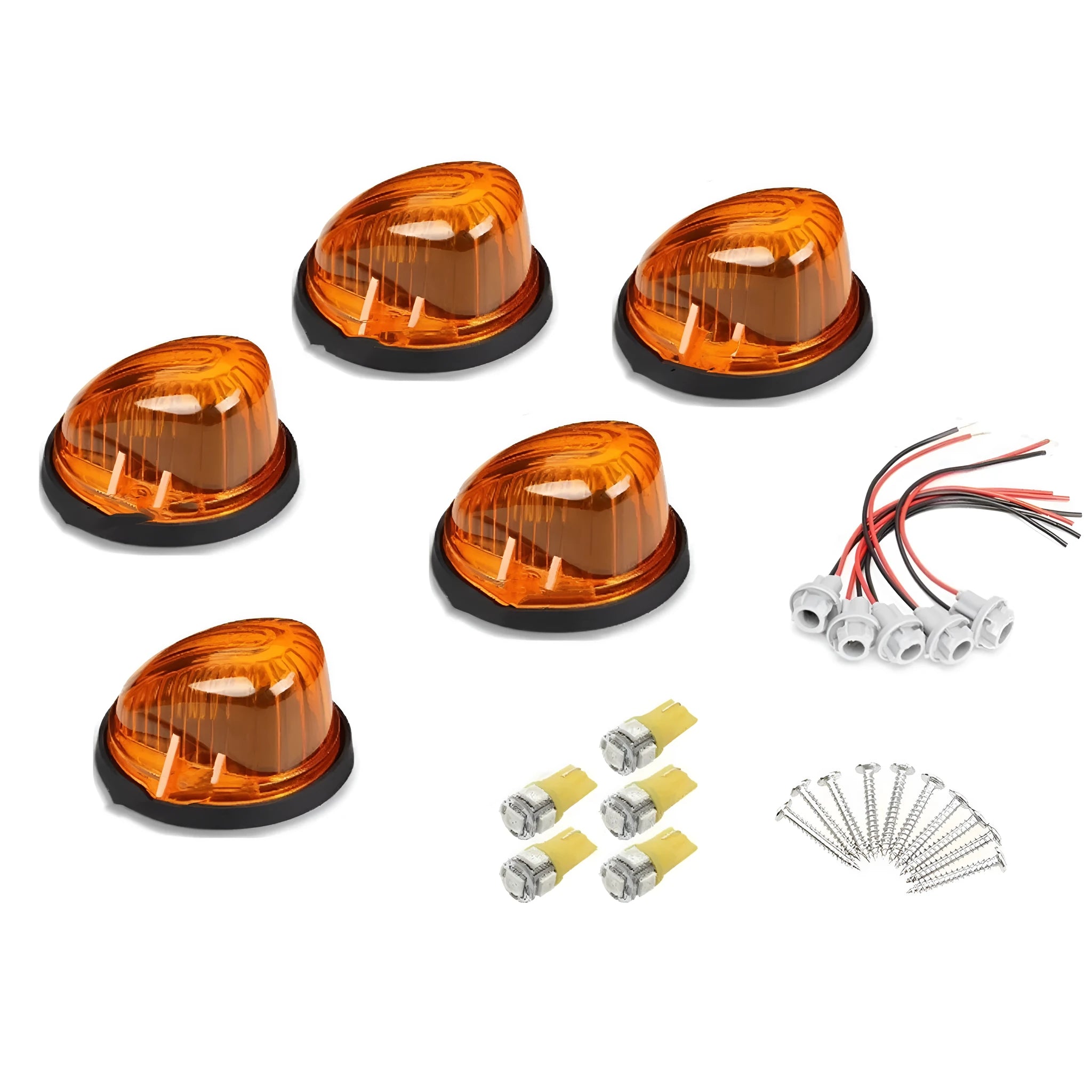 Five-piece LED roof cab marker light kit with yellow, black, and transparent lenses and T10 bulbs
