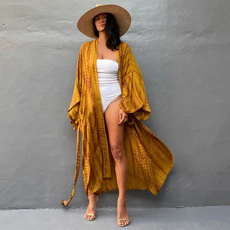 Printed cotton beach cover-up blouse with long sleeves in multiple colour options