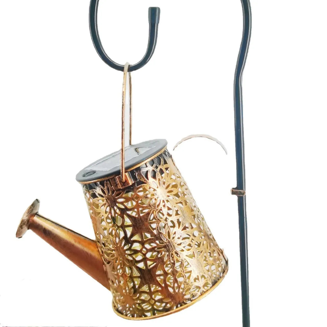 Solar-powered butterfly kettle garden light with wrought iron construction and solar panel