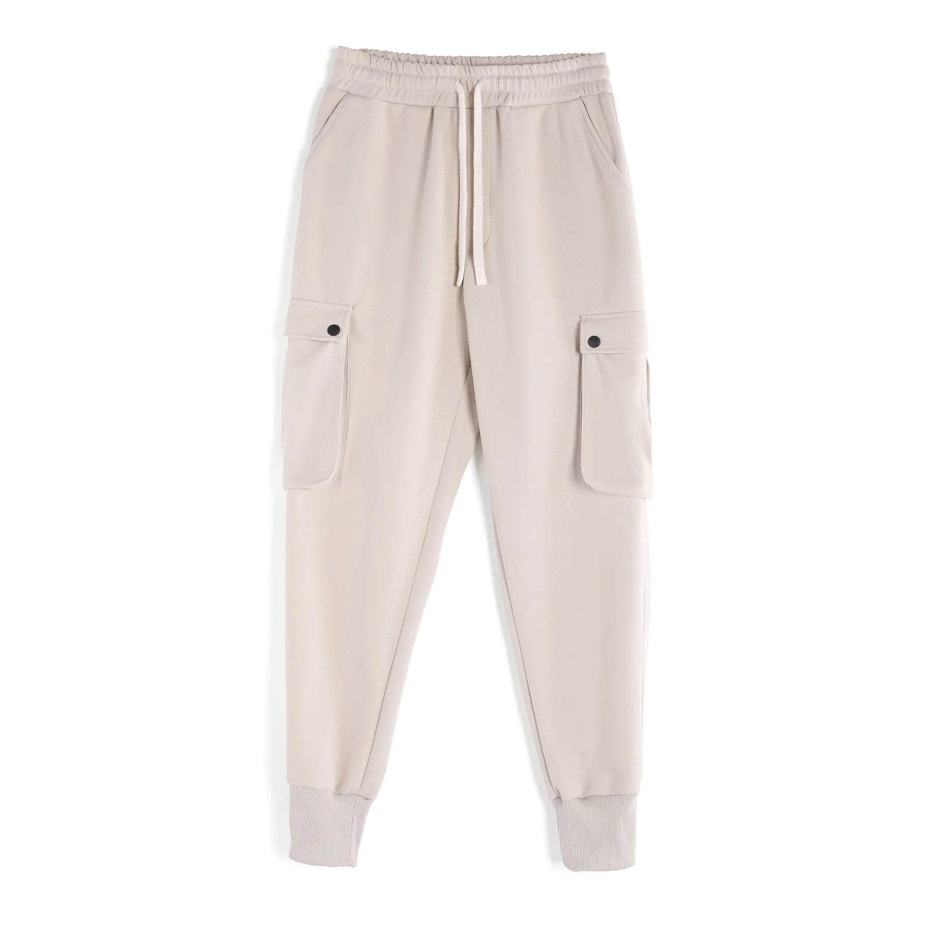 Men's loose fit cotton trousers with ankle-tied cuffs and multiple pockets in a light grey colour.