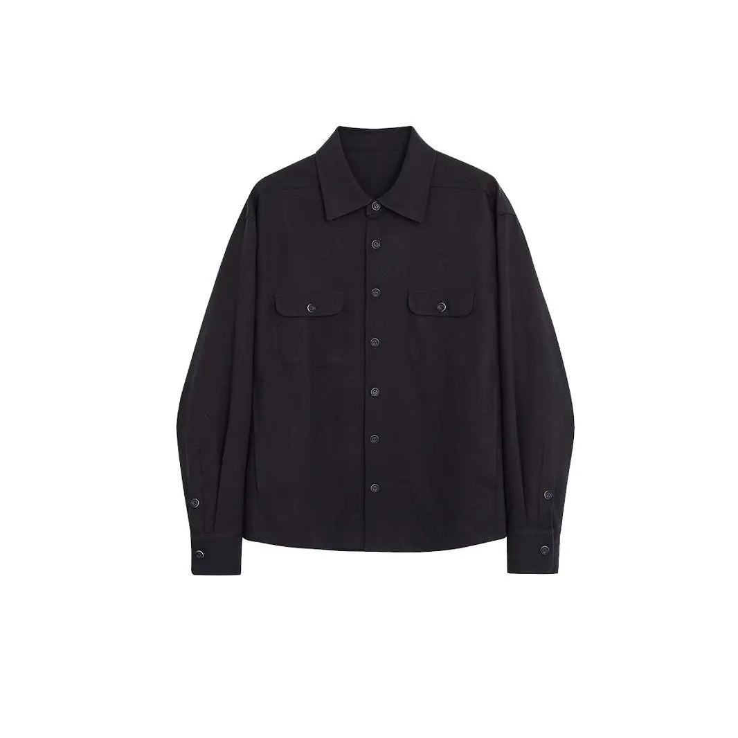 Men's simple profile lapel shirt in light sand rice colour, showing long sleeves and front button placket.