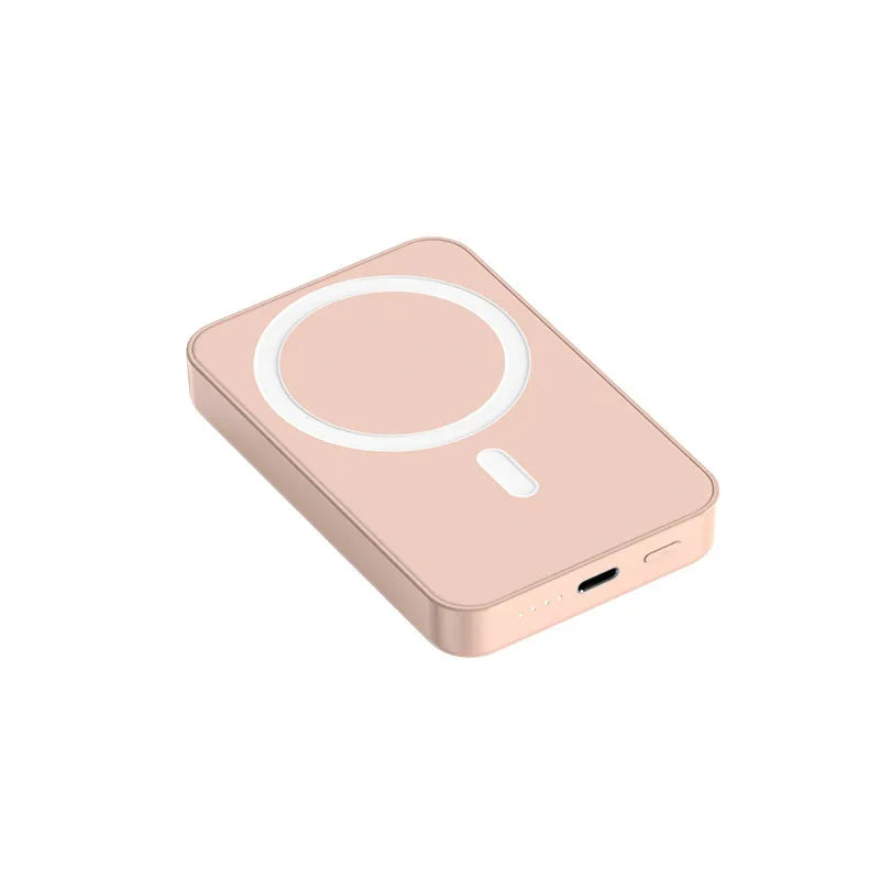 Pink, purple, or white 20000mAh magnetic wireless power bank with plastic shell, showing dimensions.