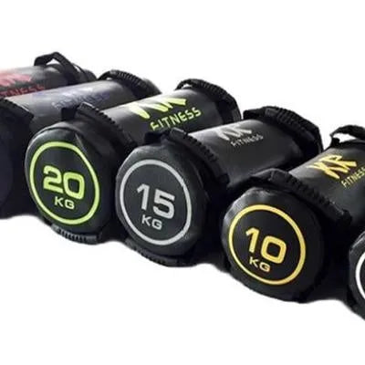 Flat white PVC fitness training sandbag for weight lifting and conditioning exercises.