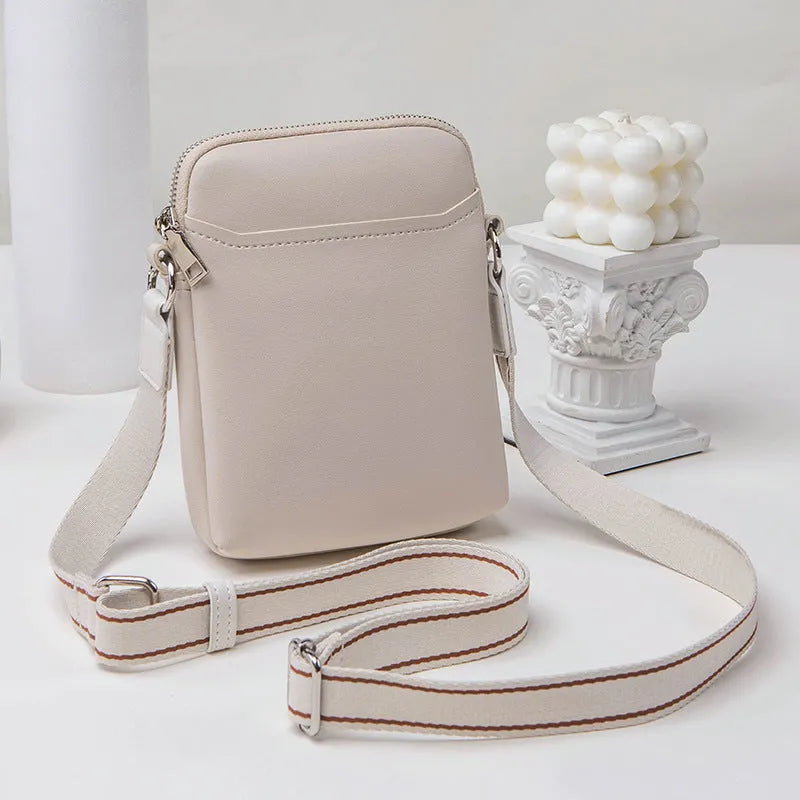 Solid colour mobile phone shoulder bag with crossbody strap in black, beige, khaki or green