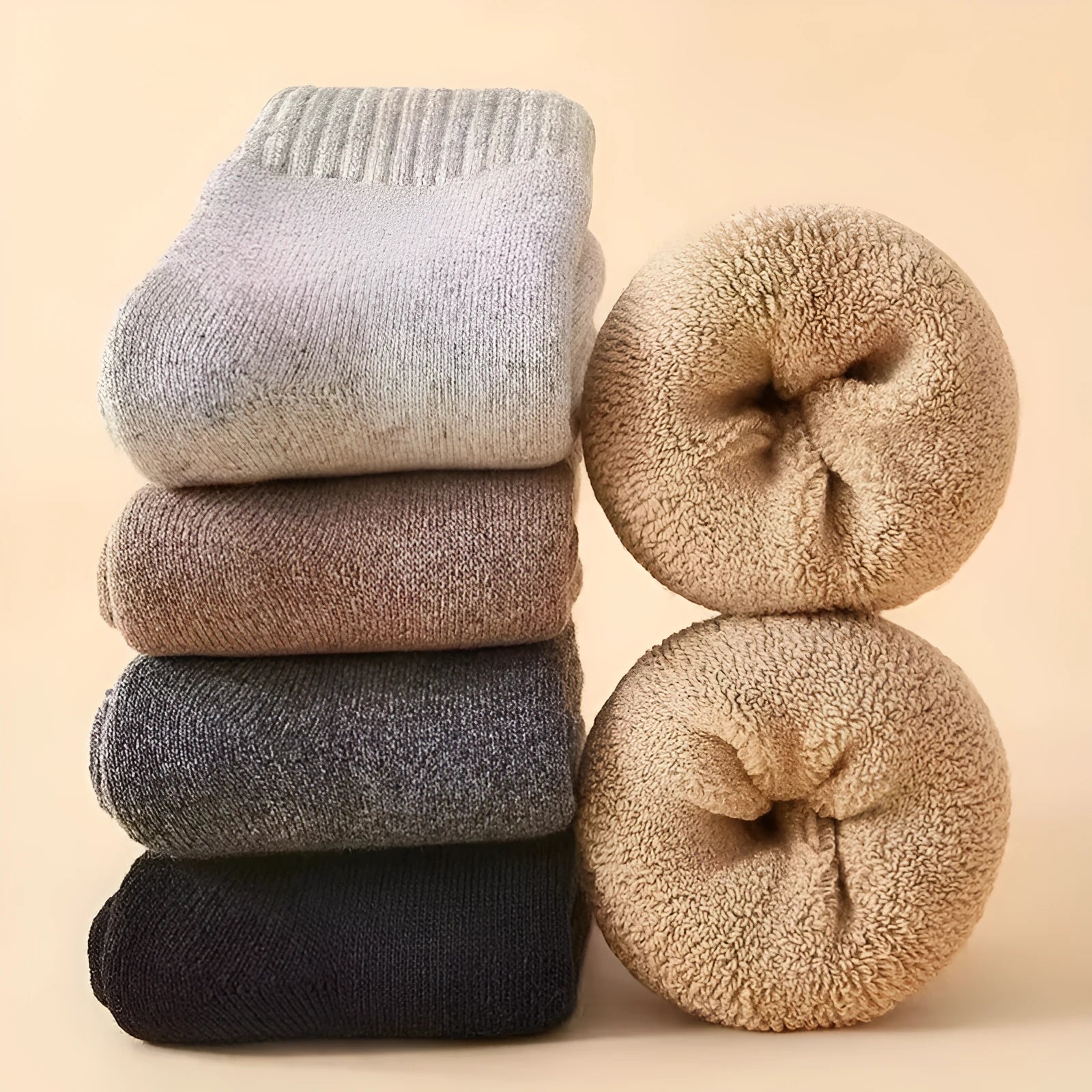 Winter wool socks with thick merino midsole in black, khaki, light grey and dark grey cashmere colours