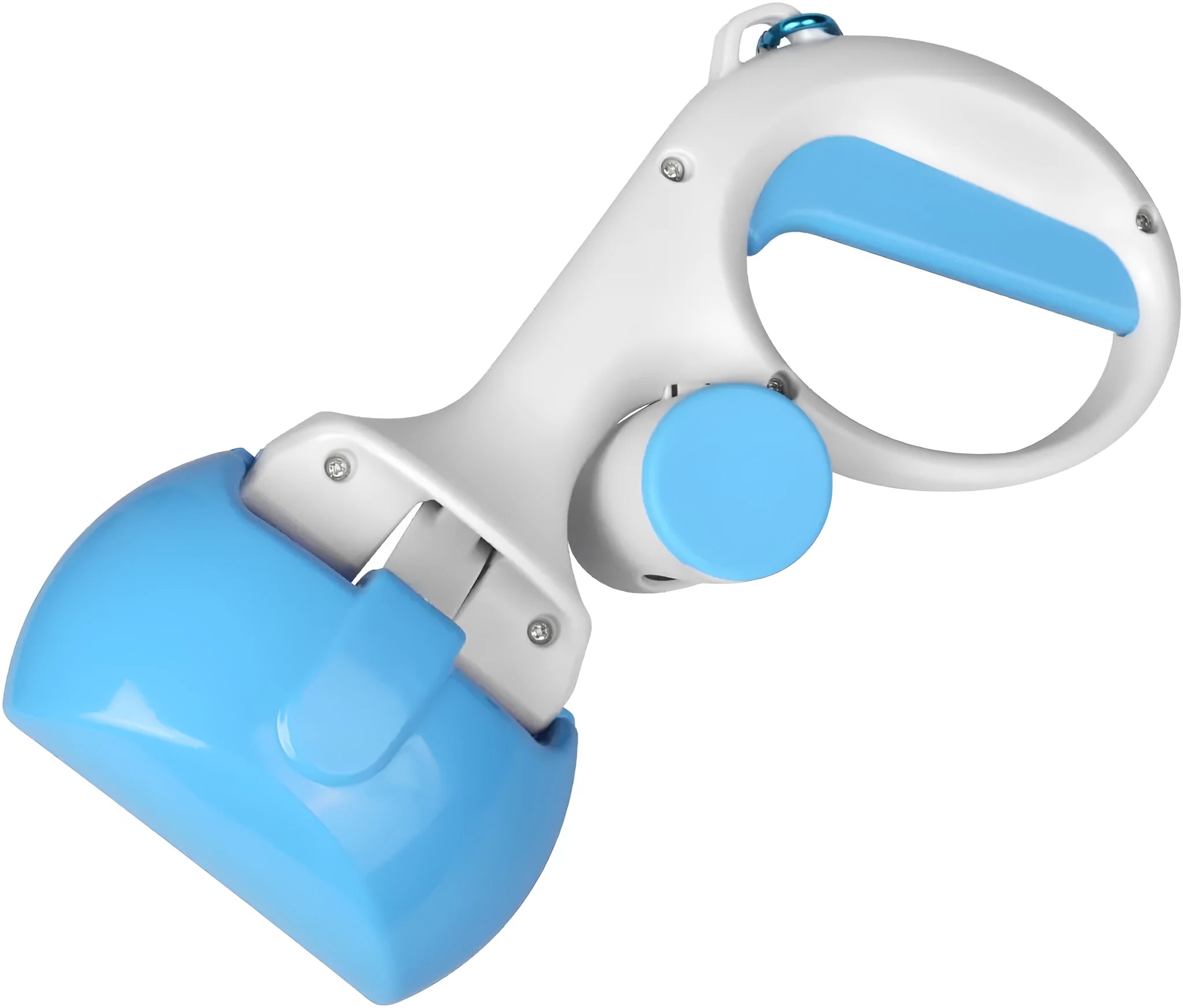 Heavy-duty ABS plastic pet pooper scooper with built-in trash bag holder and top carrying hook.