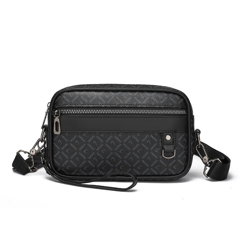 Men's geometric pattern messenger bag with shoulder strap and handheld option in black colour