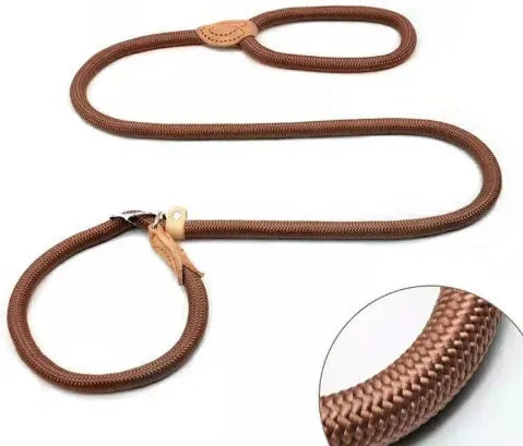 Brown nylon dog leash with P chain hand holding rope, shown at full 2.1 metre length.