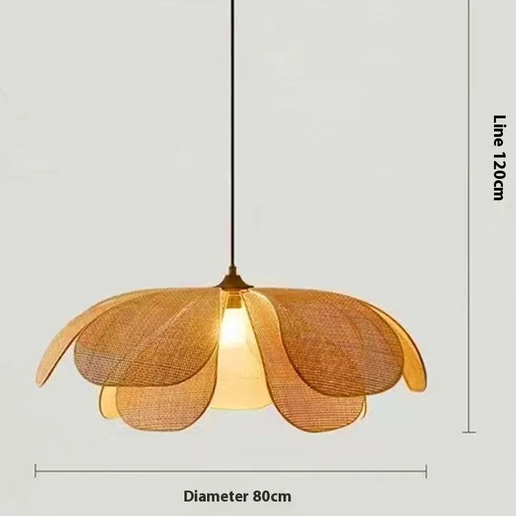 Creative handmade rattan petal chandelier natural bamboo ceiling lamp diameter 60cm with soft LED lighting