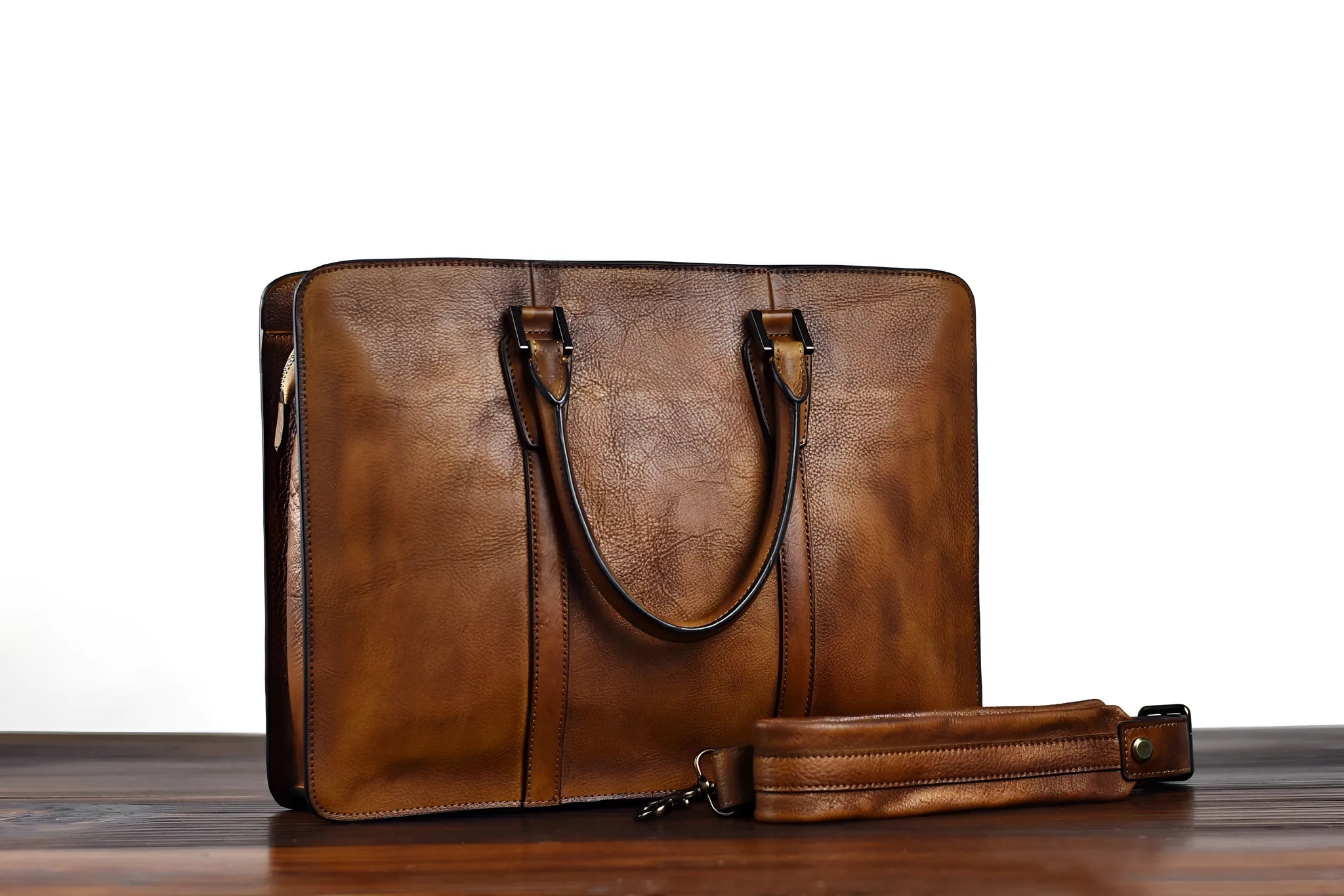 Men's 14 inch horizontal leather business handbag in khaki colour with zipper opening