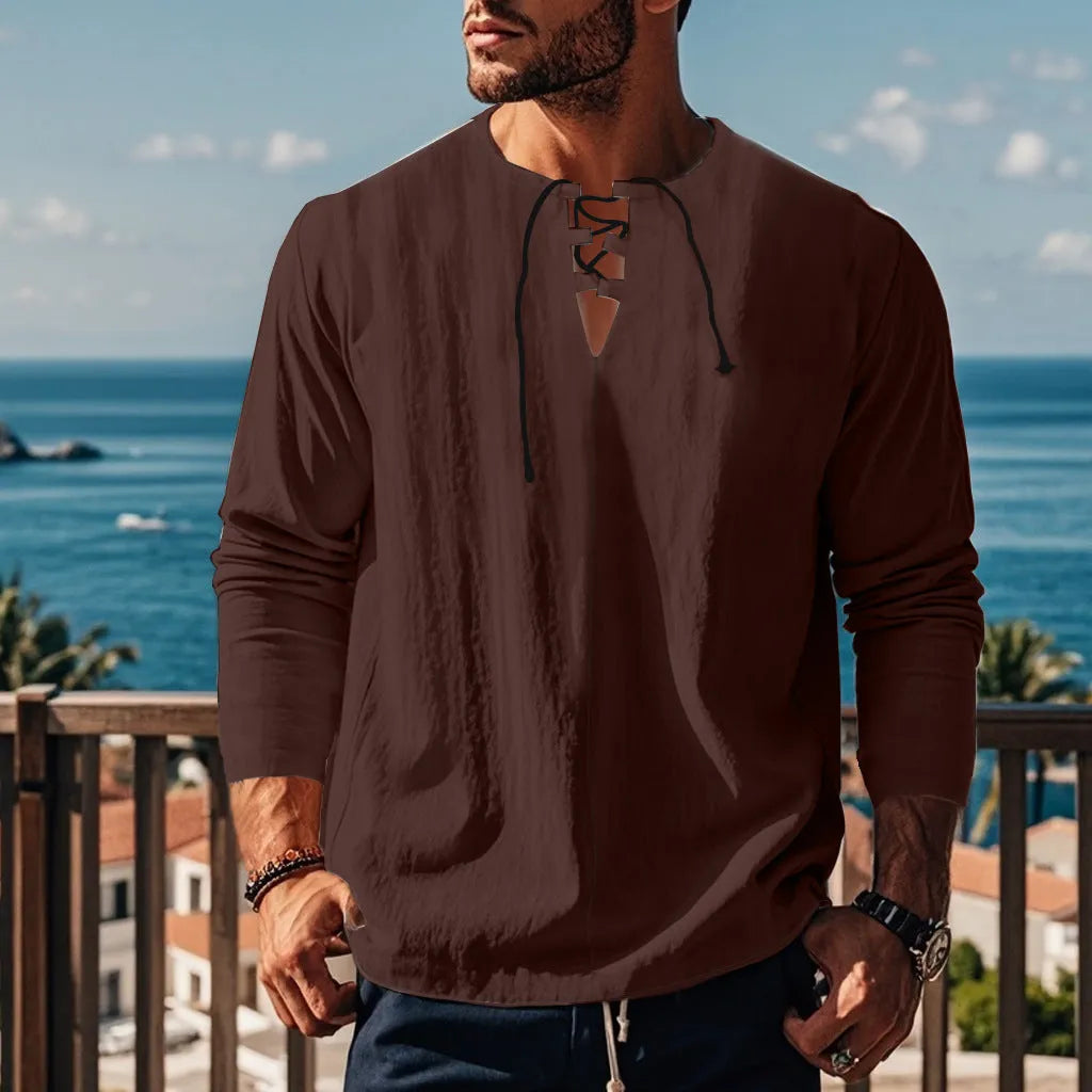 Men's solid colour cotton linen blend loose fit pullover shirt on a hanger.