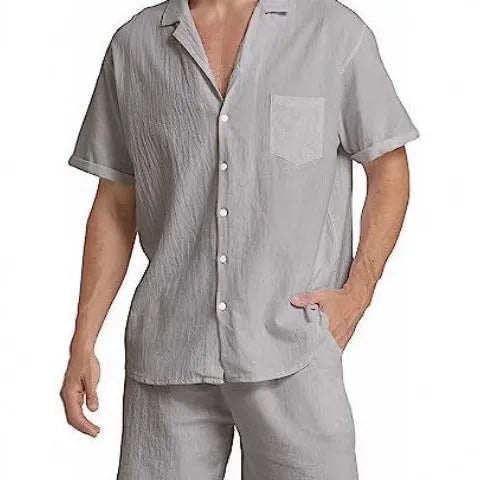 Men's flax linen short-sleeve top and shorts summer sports suit in army green