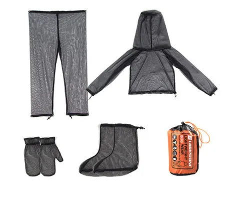 Four-piece mesh anti-mosquito suit set showing hooded top, pants, and booties for outdoor camping and fishing.