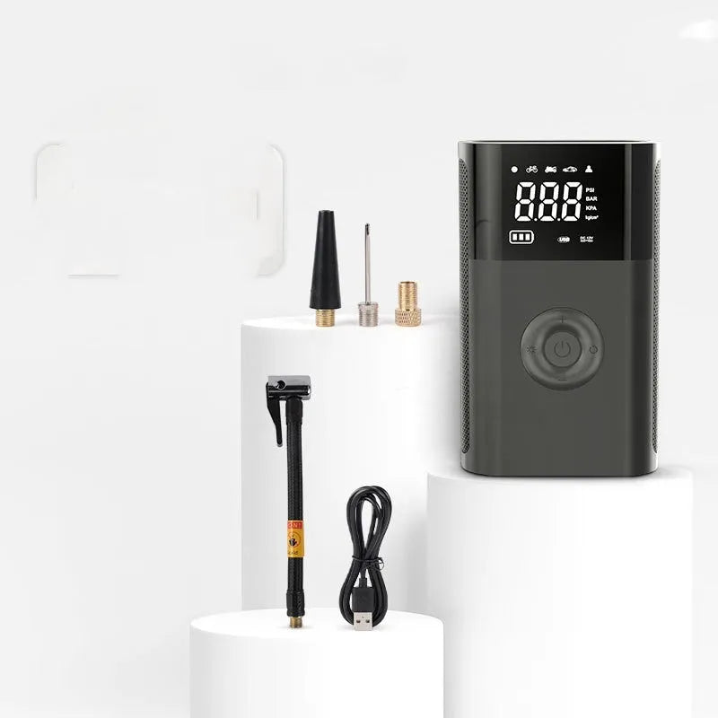 Wireless digital display car tyre inflator with multiple nozzle adaptors and LED light