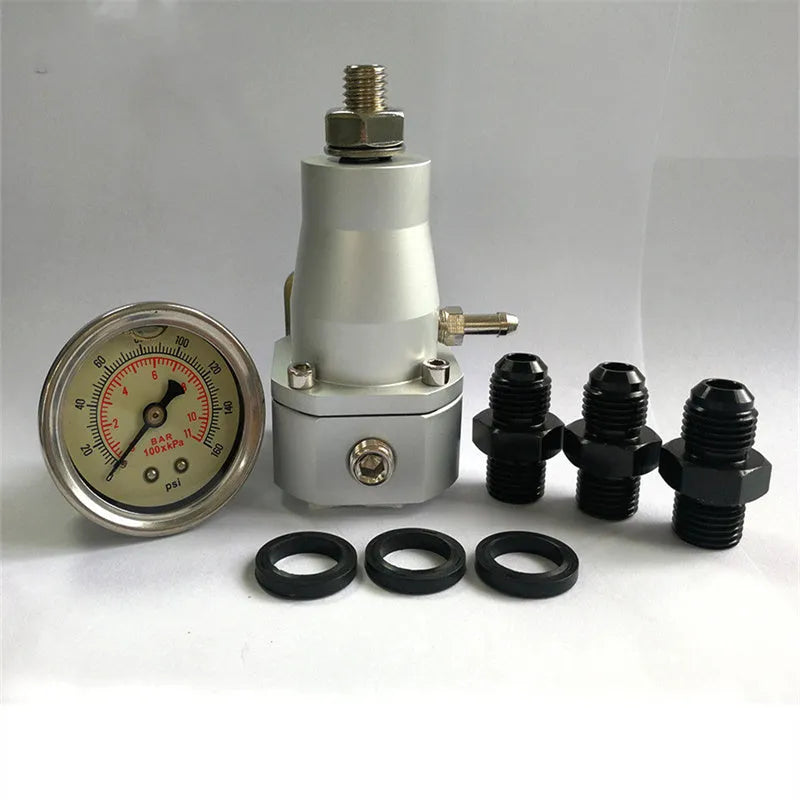 Black aluminium alloy fuel pressure regulator with adjustment mechanism for electronic injection systems