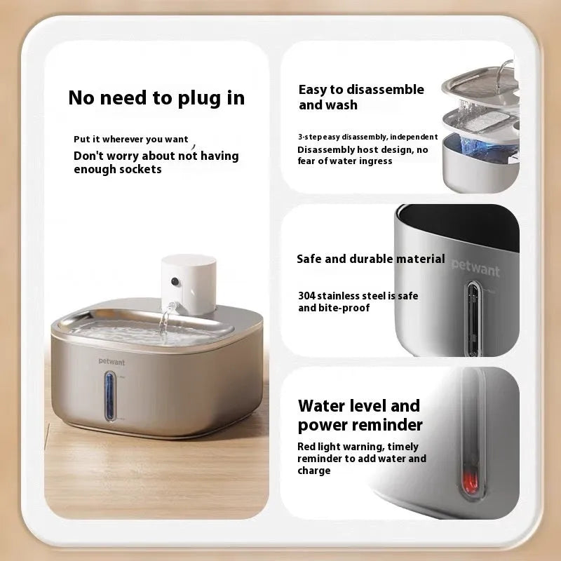 Stainless Steel Cat Water Dispenser 32L Smart Wireless Charging Lithium Battery Induction Pet Fountain for Cats Indoor Use Pawang Colour