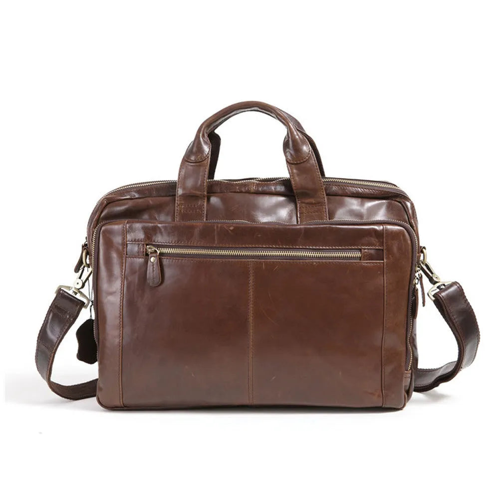 Brown 18-inch men's business briefcase made from first layer cowhide leather with polyester cotton lining