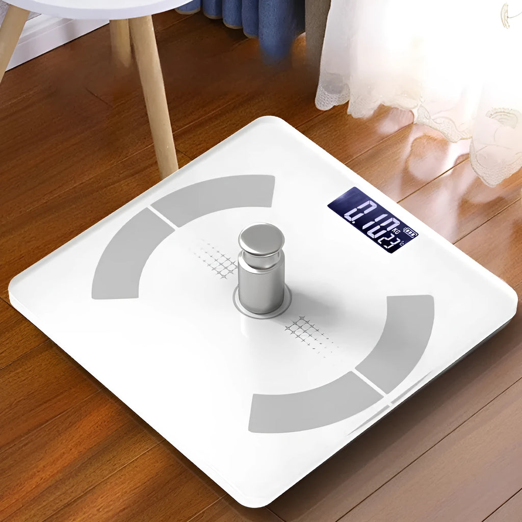 Smart Bluetooth body fat scale in white, black or pink with USB charging for weight, body fat, moisture and calorie measurement