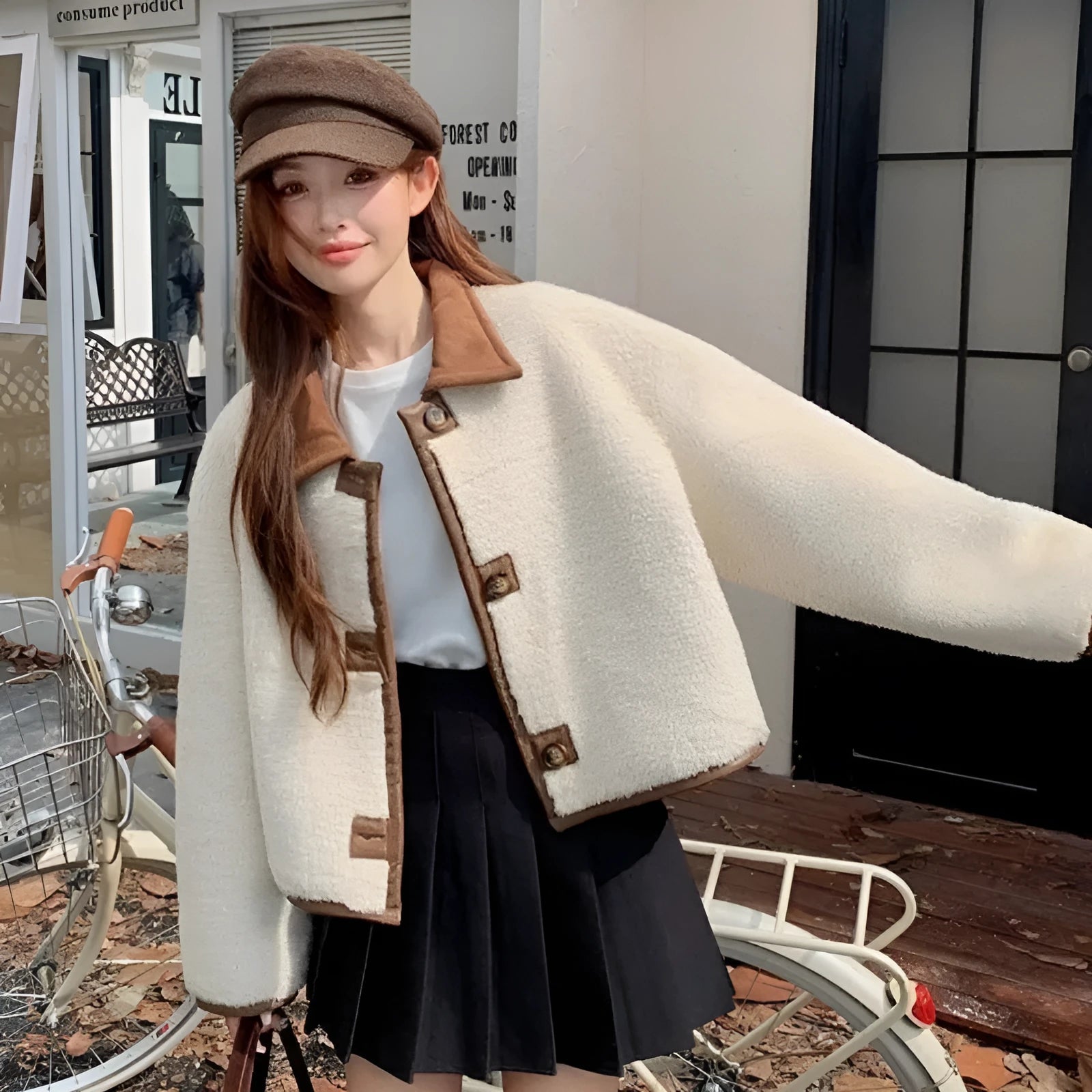 Women's double-sided reversible lamb fur coat in brown, thick acrylic fabric, loose fit with flight sleeves