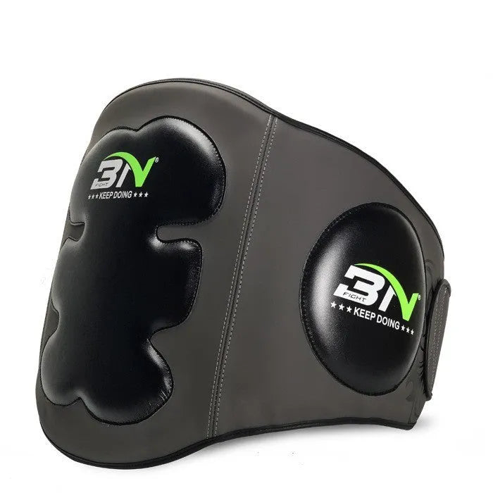 Dark grey Sanda boxing chest protection target with thick padding and waist support strap.