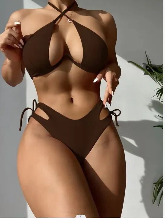 Women's brown halter bikini swimsuit with backless briefs on mannequin