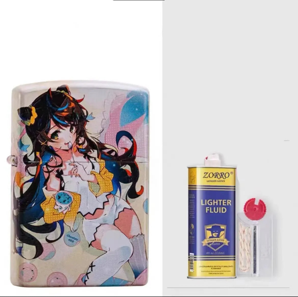 Windproof kerosene lighter with decorative copper case showing artistic design